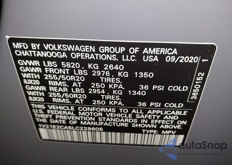 2020 Volkswagen Atlas Cross Sport 3.6L V6 Se W/Technology/3.6L V6 Se W/Technology R-Line z USA, uszkodzony, nr VIN 1V21E2CA5LC229605